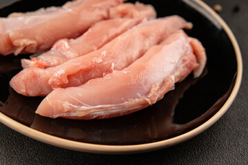 Rabbit raw meat fillet dietary fresh delicious gourmet food background on the table rustic food top view copy space keto and paleo diet