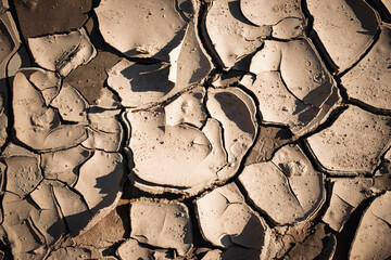 Cracked earth reveals signs of drought in a deserted landscape during midday light