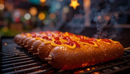 Close-up of sizzling hot dogs on a grill, mustard and ketchup on top, 