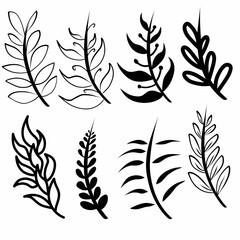 Fototapeta premium collection of simple hand-drawn vector leaves in black and white, isolated botanical elements with clean lines and various abstract shapes, mix of outline and solid fill styles, minimal flat design