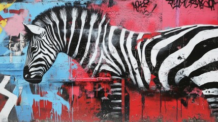 Zebra painting with colorful graffiti background including blue pink red and white.