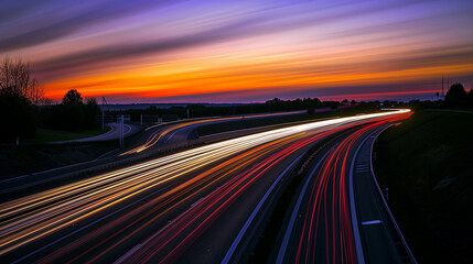 Empty highway with vibrant light trails under a warm dusk sky, capturing the essence of motion and solitude.
