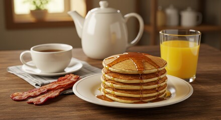 Pancake Breakfast Still Life: A delectable still life featuring a stack of golden pancakes drizzled with maple syrup, accompanied by crispy bacon, coffee, tea and fresh orange juice.