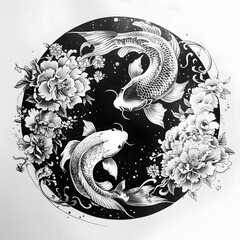 Traditional Asian style black and white ink art depicting two koi fish swimming in a circular motion surrounded by blooming peonies and decorative waves