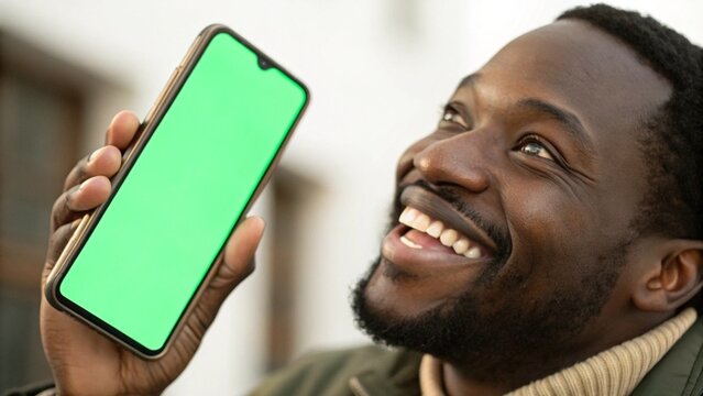 Close Up of Happy Black Man Holding Smartphone With Green Screen Suitable for Multiple Purpose Use