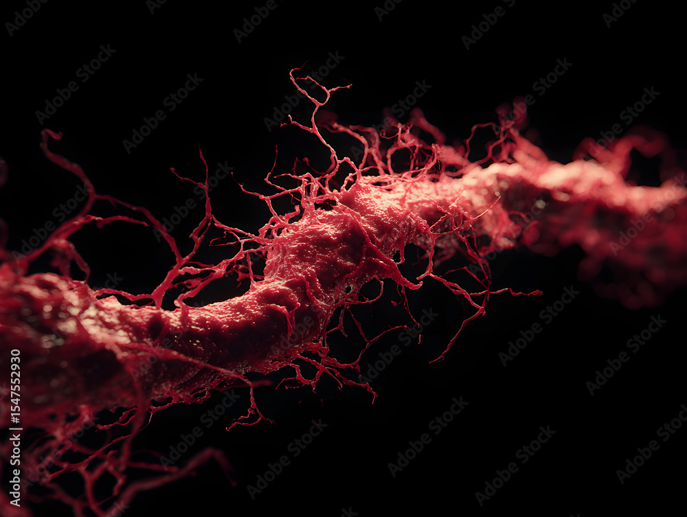 Fototapete close up view of a red organic structure with branching filaments on a dark black background space