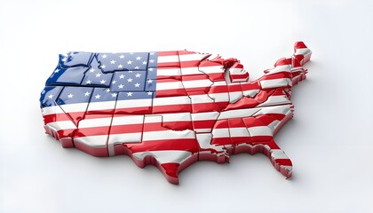 3D USA map with glossy American flag overlay, isolated white background