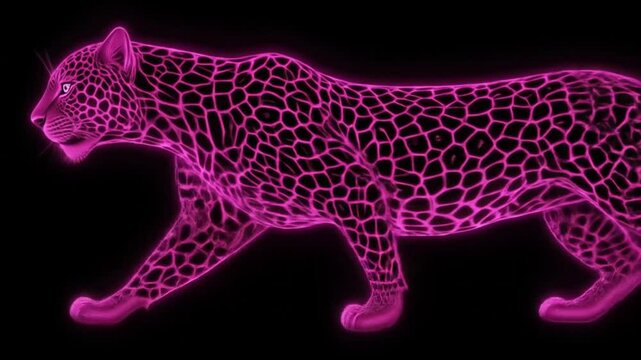 neon leopard on black background. Bright pink color, artistic digital art, fantasy animal, leopard print. 4k video