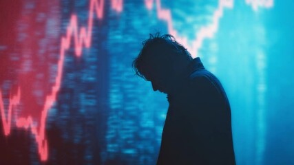 Financial Downfall: A silhouette of a person reflects on the bleak outlook of the red and blue stock market graphs behind him, a potent metaphor for economic downturn and the stresses of business.