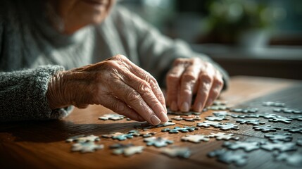 Elderly woman concentrating on solving jigsaw puzzle at wooden table, senior mental exercise and cognitive stimulation for memory care and dementia prevention.