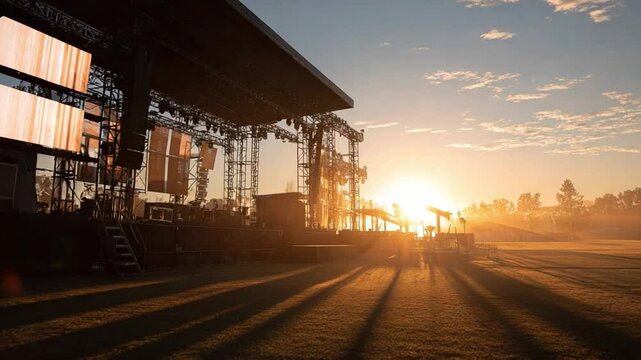 Stage Sunset Silhouette: The stage is silhouetted against the radiant setting sun, with long shadows cast across the open space, evoking a sense of anticipation. 