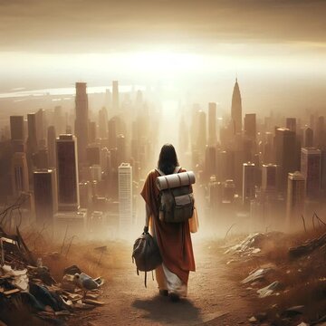A symbolic and powerful image of Jesus walking into a contemporary cityscape, blending ancient holiness with today&rsquo;s urban reality. Represents the timeless presence of faith, hope, and divine truth am