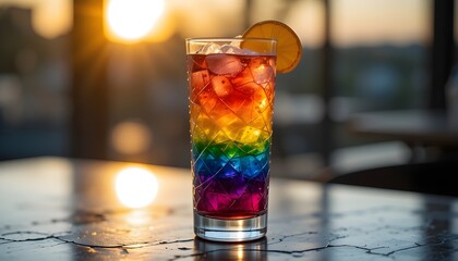 Vibrant rainbow layered cocktail in tall glass, glowing in golden sunset light,