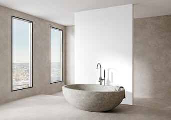 Minimalist Spa Bathroom with City View and Transparent Wall Bathtub Mockup – Transparent Wall Mockup with Realistic Shadows – 3D render