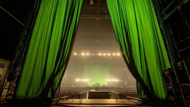 The Stage is Set: A Dramatic Scene Inside a Venue with a Green Curtain, bathed in dramatic stage lighting, the anticipation of a grand event hangs in the air.