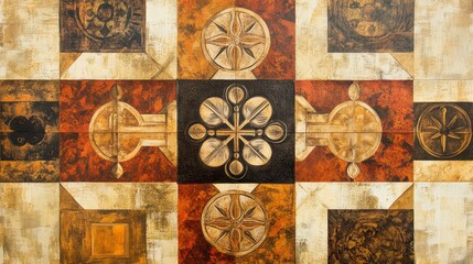 Decorative tile pattern featuring geometric and floral designs in earth tones.