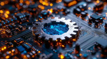 Close-up of a futuristic microchip with glowing circuitry and digital elements