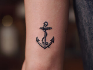 Close up of an anchor tattoo on a person's arm with a rope wrapped around it in a dark color