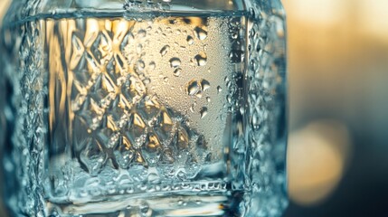 A refreshing glass of water condensation clinging to the glass on a warm day