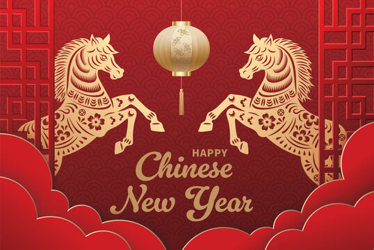 Happy Chinese new year banner with horse on red background. Vector illustration for banner, posters, flyers, greeting cards and invitation.