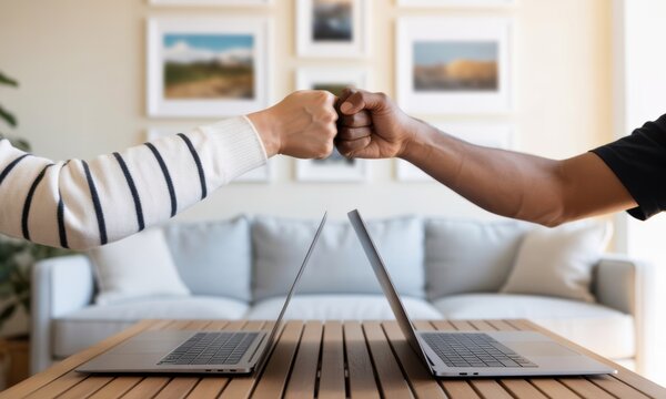 Diverse couple giving a fist bump over laptops in Home office - Powered by Adobe