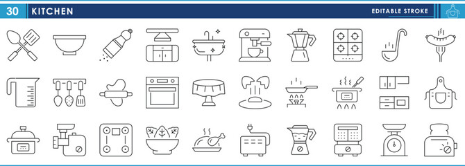 A set of line icons related to Kitchen. Home appliances, food, machines, beaker, utensils, and so on. Vector editable stroke.