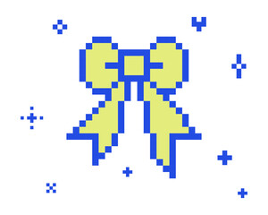 Obraz premium Pixel art bow icon with ribbons decorated with heart, spark, shine pixelated pattern. 8 bit game abstract festive isolated vector element for retro fashion digital sticker. Y2k game design