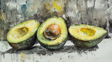 Painting of three avocados cut in half