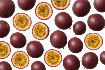 Png set of passion fruits in various angles isolated on transparent background. concept of tropical fruits, exotic produce, fresh ingredients, culinary design elements