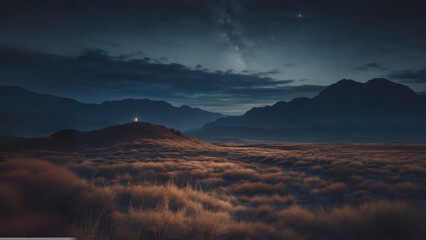 Night sky with stars over misty mountain valley and glowing light on hill