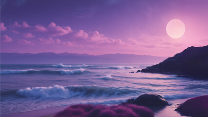 Serene ocean waves at sunset with purple sky and glowing sun over rocky coastline