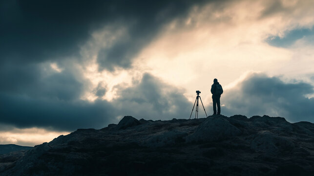 Person standing by tripod on rocky hill under dramatic sky