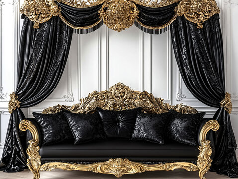 Black and gold sofa with black pillows against a white wall