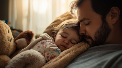 Father cuddling sleeping baby on cozy blanket indoors