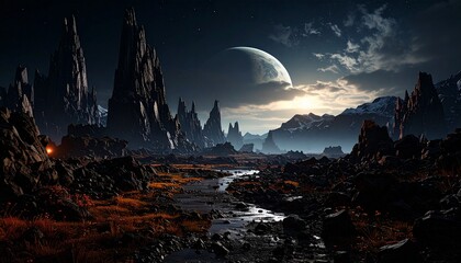 Dark Fantasy Landscape Alien Planet with Crescent Moon and Rocky Mountains