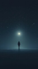 Solitary figure under vast night sky bright star