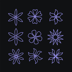 Outline floral vector set with abstract petal shapes in purple, perfect for minimal art, icons, or decorative elements