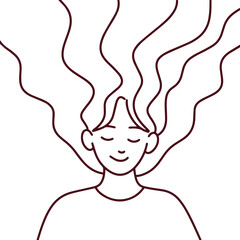 Line art portrait of woman with long wavy hair and peaceful smile, minimalist emotional expression with closed eyes