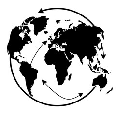 Silhouette of globe with directional arrows on white, global trade flow concept