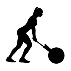 Silhouette of woman pushing weighted sled on white background, athletic endurance