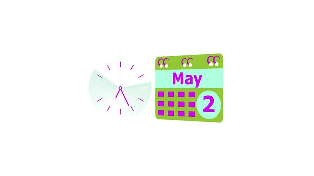May month 2 date calendar icon  and  magenta color clock animation. Digital calendar month concept design on White background.