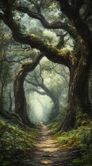 Naklejka premium Mystical forest path, ancient trees, sunlight filtering.
