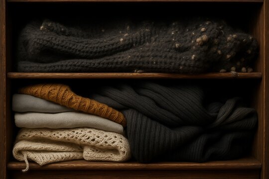 Knitwears on a shelf in a wardrobe with moth eggs or other insect eggs