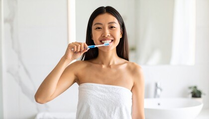 Woman Brushing Teeth in Bright Modern Bathroom &ndash; Personal Hygiene and Wellness Routine