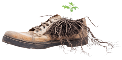 Old shoe with roots growing through it symbolizes new growth and transformation., isolated