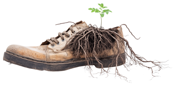 Old shoe with roots growing through it symbolizes new growth and transformation., isolated