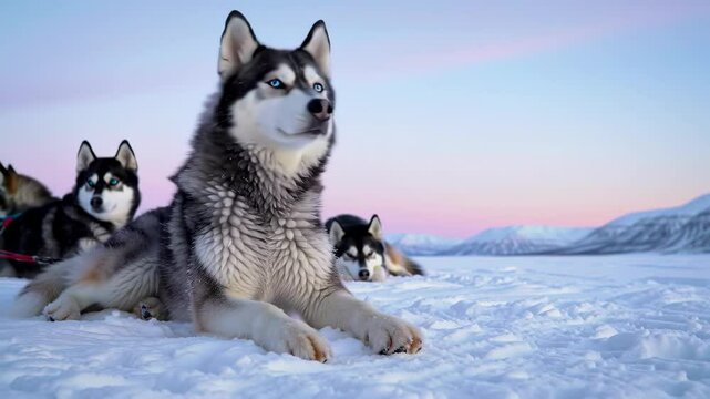 Playful huskies resting and observing in snowy landscape with pink horizon at dawn