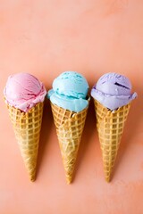 Top View Three Ice Cream Cones Pastel Pink Blue Lavender