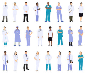 Hospital doctors and nurses. Doctor with stethoscope, nurse in scrubs and face mask. Medical student volunteer and intern character. Medical staff vector illustration. Profession physician in uniform
