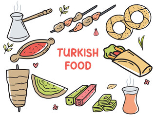 Set of icons with Turkish Food theme. With doodle style. For layout, website, graphic design.